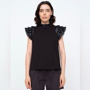 Sea New York Rachelle Black Mock Neck Sequin Flutter Sleeve Tee Top Shirt Small
